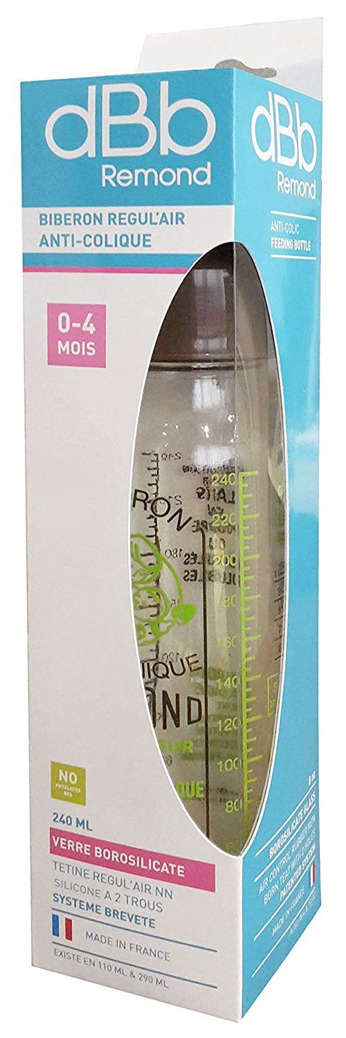 dBb Remond Régul'Air Biberon en Verre avec Tétine NN en Silicone sous Boîte Marron Motif Vintage 240 ml