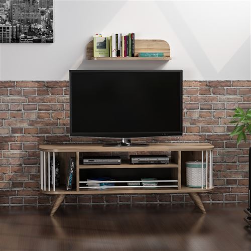 HOMEMANIA Meuble TV Felix Moderne - avec Étagères - pour Salon - Noyer, Blanc en Bois, 120 x 35 x 45 cm