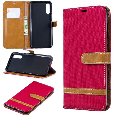 Etui en PU jean bicolore en tissu flip rouge pour votre Samsung Galaxy A70