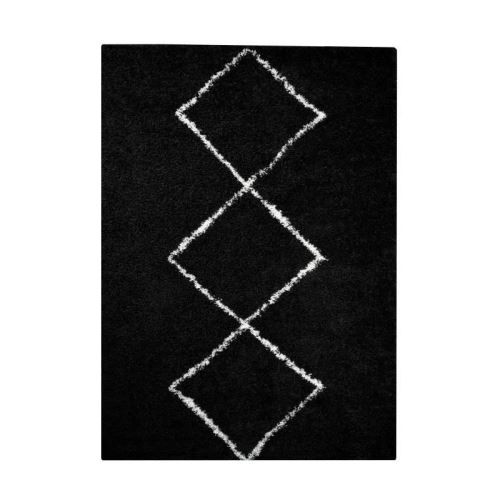 WARDA Tapis de salon Shaggy - Style berbere - 150 x 220 cm - Noir - Motif losanges