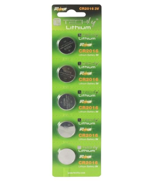 Techly button battery Lithium CR2016 (Set Of 5 Pcs) ibt-kcr2016 – non-rechargeable, Button/coin, 3 V, Lithium Batteries (5 pc (s), CR2016, 80 mAh)