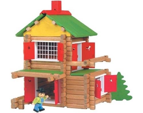 Jeujura - mon chalet en bois 135 pcs + voiture et personnage - jouet en bois