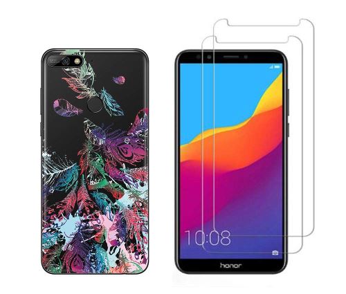 NOVAGO Compatible avec Huawei Y7 2018 Coque Souple Solide Anti Choc avec Impression + 2 Films Protection écran Verre trempé résistant ( Plumes )