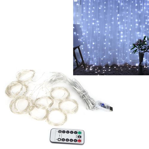 Guirlande lumineuse de rideau LED USB 3m avec télécommande Blanc pur