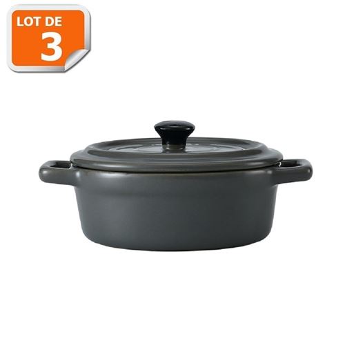 Lot de 3 mini cocottes ovales grises avec couvercle et poignées HobbyCook
