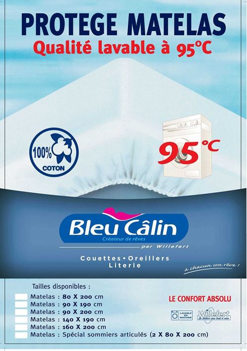 Bleu Câlin Protège Matelas Lavable à 95° Forme Drap Housse Blanc 90x190 cm PMAH