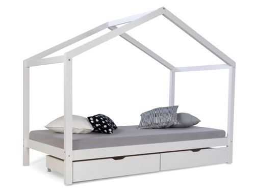 Non Communiqué Blanc Lit Cabane Enfant 90X200 Avec Tiroirs Bois