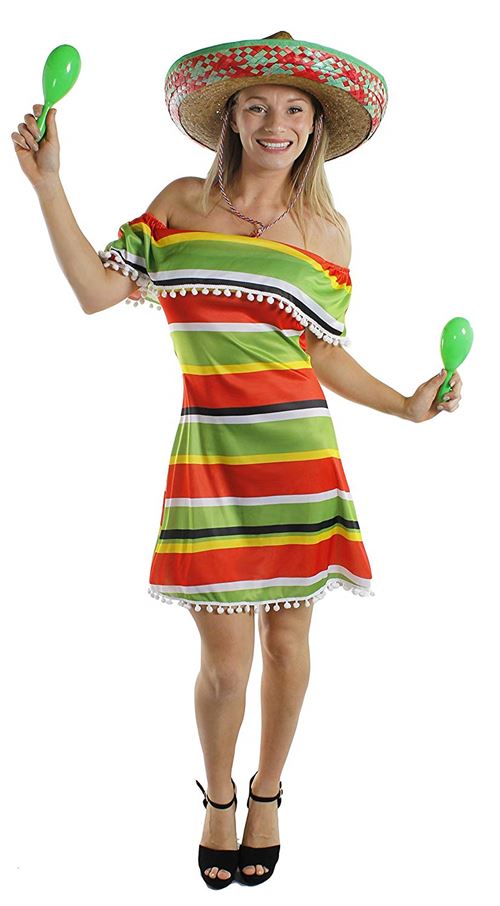 Déguisement de la parfaite Méxicaine avec cette magnifique robe épaules dénudées aux couleurs chaudes et pompons blancs - Taille Small