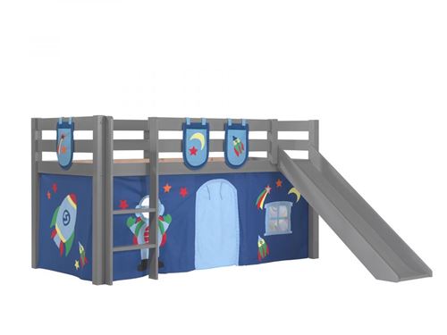 Lit toboggan 90x200 cm avec tente et 3 pochettes astra pin massif gris Pino