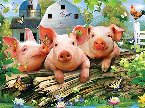 MASTERPIECES  green Acres Three Lil Pigs Farm Scene Large EZ grip Linen Jigsaw Puzzle by Howard Robinson, 300-Piece 