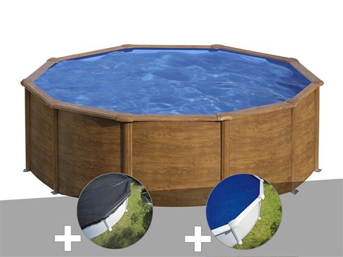 Kit piscine acier aspect bois Gré Pacific ronde 4,80 x 1,22 m + Bâche d'hivernage + Bâche à bulles