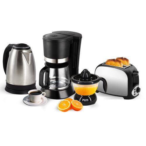 Grille pain 2 fentes inox + Bouilloire inox 1.8L + Cafetière 12 tasses + Presse-agrumes