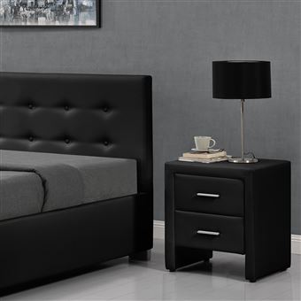 Hilton Noir Table De Chevet En Simili Noir Avec 2 Tiroirs