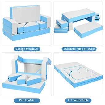 Canapé De Jeu Pour Enfants En Mousse Modulaire 10 Pièces - Blocs De Construction Souples, Gris Et Bleu - Housse Lavable