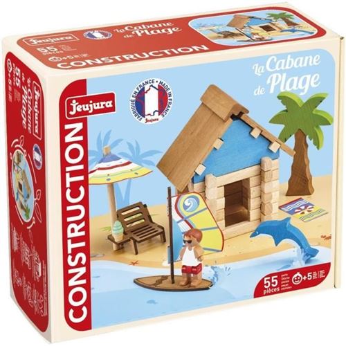 La cabane de plage 55 pièces - Jeu de construction en bois naturel - Tapis et accessoires inclus - 22x18,5x8,5 cm