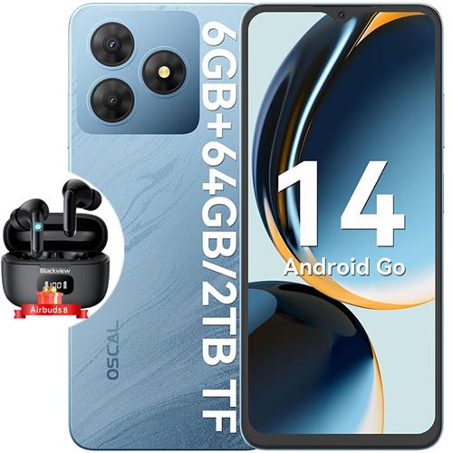 Smartphone Oscal FLAT 2C 6,56 6Go+64Go 5000mAh Dual SIM Bleu avec Écouteurs Bluetooth Blackview Airbuds 8