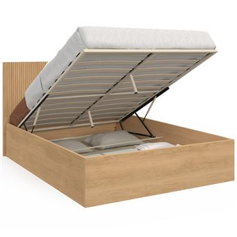 Lit coffre double SEASIDE avec tête de lit JULIETTE et sommier 140 x 190 cm effet lattes et bois - 1