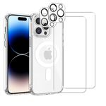 Coque antichoc magsafe pour iPhone 14 Pro Transparente + 2 protections écran et 2 protections objectif caméra - Evetane®