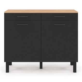 Buffet Cuisine CINA 100cm - Design Moderne Hêtre & Noir - Rangement Pratique Avec Porte Et Tiroir
