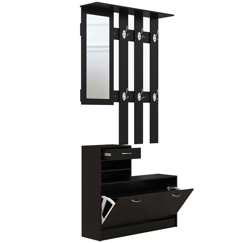 HOMCOM 3-in-1 Eingangsmöbel-Set Garderobe mit Mantelhaken, Spiegel und Schuhschrank - 6 Haken und verstellbares Regal, schwarz Aosom