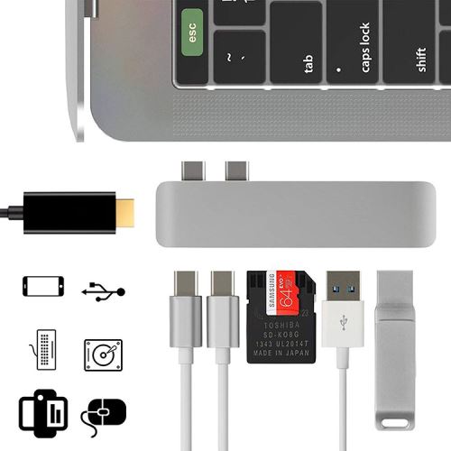 7 en 2 HUB à Double Prise de Type C Vers Lecteur de Carte Hub HDMI 4k Station D'accueil de Type c Interface Thunderbolt 3 Espace Argent pour Mac Book Pro