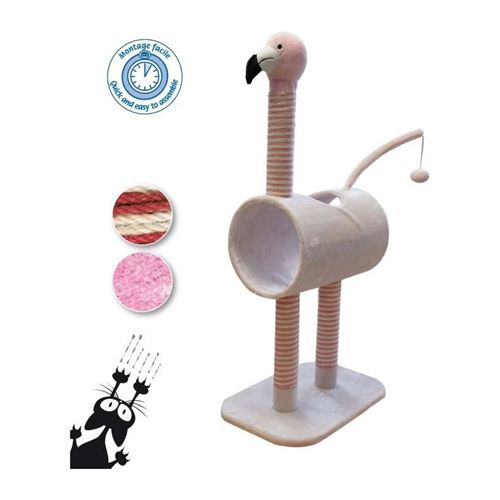 tyrol arbre a chat en jute, forme flamant rose, avec poteaux griffoir et tunnel, fourrure fun originale, rose, dim. 50x35x103 cm