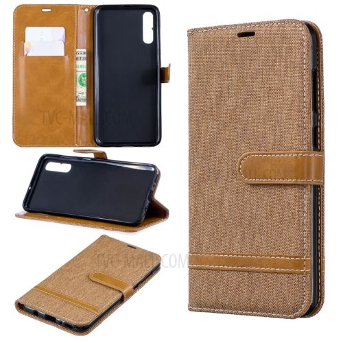 Etui en PU jean bicolore en tissu flip kaki pour votre Samsung Galaxy A70