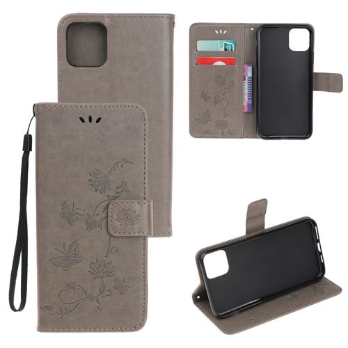 Etui en PU empreinte fleur de papillon gris pour votre Apple iPhone 12 Pro Max 6.7 pouces