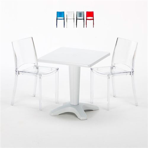 Table et 2 chaises colorées polycarbonate extérieurs Grand Soleil CAFFÈ, Chaises Modèle: B-Side Transparent, Couleur de la table: Blanc