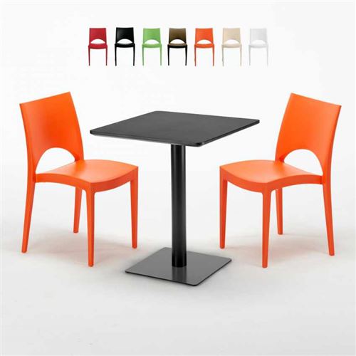 Table carrée 60x60 noire avec 2 chaises colorées Paris Licorice, Couleur: Orange