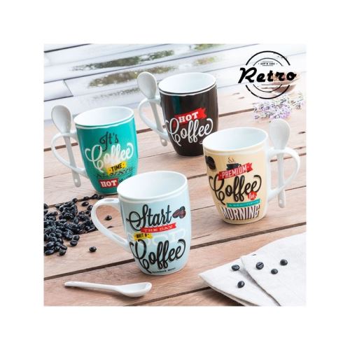 Tasses avec cuillères à café rétro coffee (pack de 4)