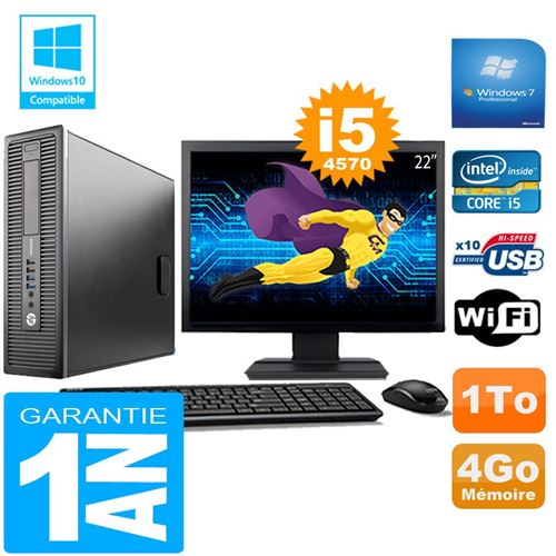 Pc hp elitedesk 800 g1 sff core i5-4570 4go disque 1 to wifi w7 ecran 22'