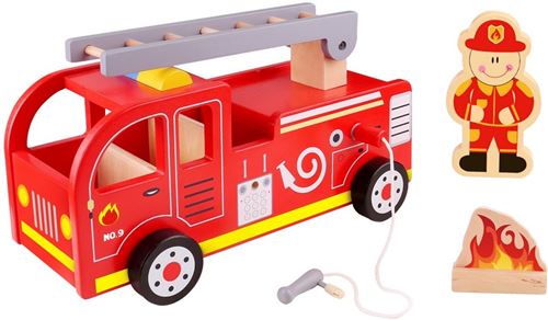 Tooky Toy pompiers 29,5 cm bois rouge 3 pièces