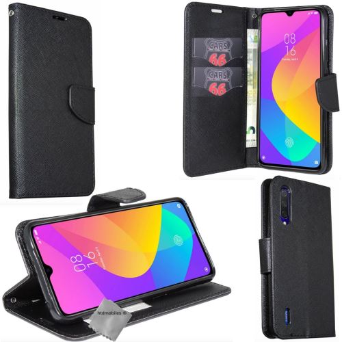 Housse etui coque pochette portefeuille pour Xiaomi Mi A3 Lite avec verre trempe - NOIR / NOIR