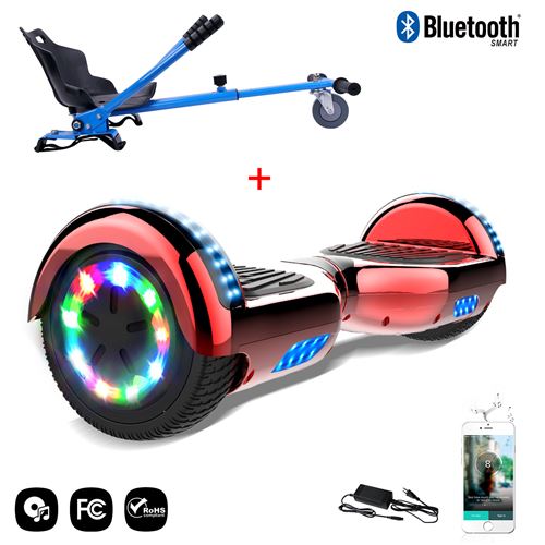 Cool&Fun Hoverboard 6.5 Pouces, Gyropode avec Bluetooth et Pneu à LED de couleur Rouge Chromé + Hoverkart Bleu - Kit Kart