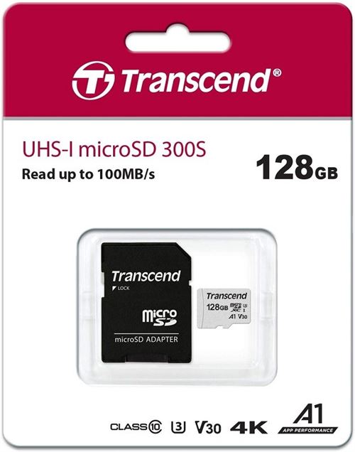Transcend 300S - Carte mémoire flash (adaptateur inclus(e)) - 128 Go - A1 / Video Class V30 / UHS-I U3 - micro SDXC