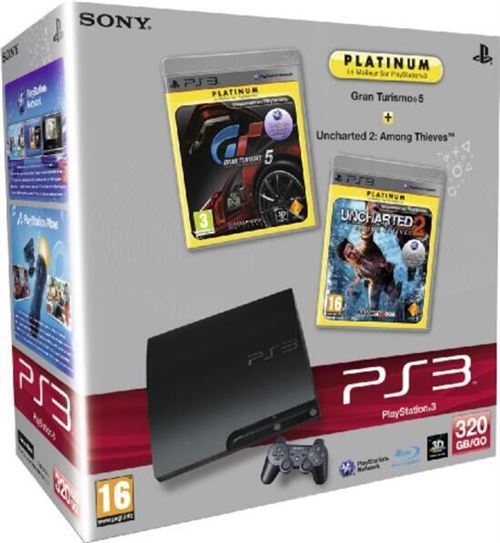 Console PS3 Slim 320 Sony + Gran Turismo 5 Platinum + Uncharted 2 - Among Thieves Platinum - Console PlayStation 3 - Retrogaming console bij Fnac.be