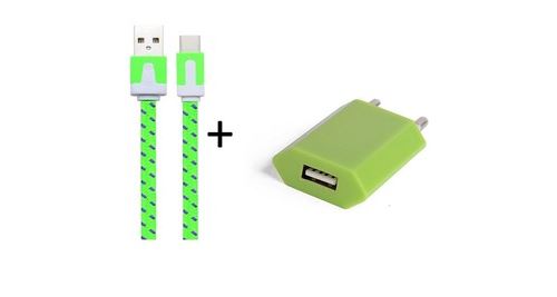 Pack Chargeur pour LG Nexus 5X Smartphone Type C (Cable Noodle 1m Chargeur + Prise Secteur USB) Murale Android (VERT)