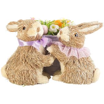 Infactory : Lapins décoratifs avec panier d'œufs de Pâques en matériaux naturels - 1