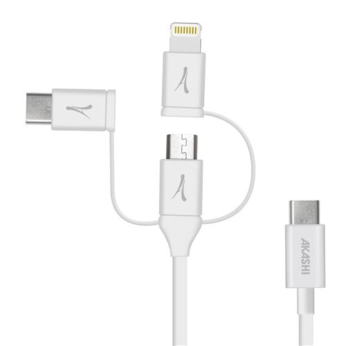 Câble USB-C vers USB-C, Lightning, Micro-USB Charge Synchronisation 1m Écoresponsable Akashi Blanc