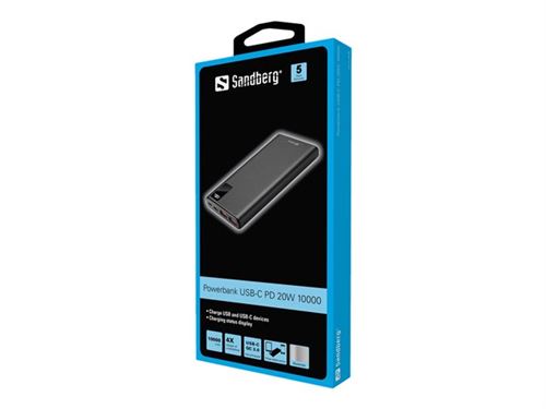 Sandberg - Banque d'alimentation - 10000 mAh - 37 Wh - 20 Watt - 3 A - PD, QC 3.0 - 3 connecteurs de sortie (2 x USB, 24 pin USB-C) - sur le câble : USB-C