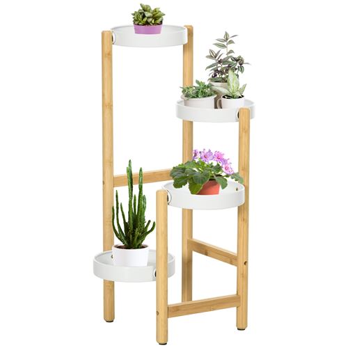 Support à fleurs style scandinave 4 niveaux - porte plante 4 étagères - bois bambou verni métal blanc