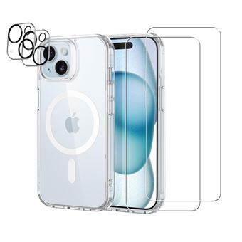 Coque Anti-choc compatible Magsafe pour iPhone 15 transparente + 2 protections écran et 2 protections objectif caméra - Evetane® - 1
