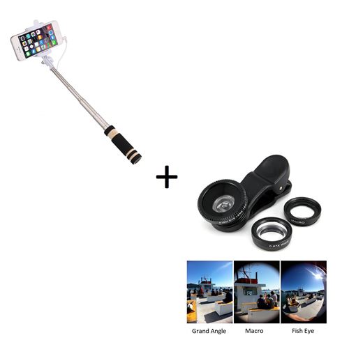 Pack Photo pour LG K8 4G Smartphone (Mini Selfie Stick + Objectif Pince 3 en 1) Android IOS Bouton