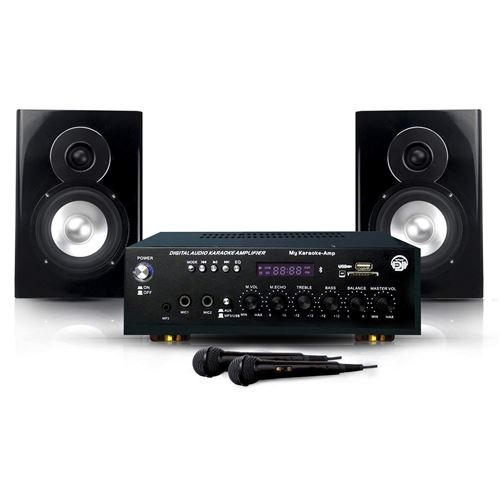 MyDj Pack My Karaoké Lot de 2 Enceintes + Amplificateur + 2 Microphones/Câble pour DJ Noir