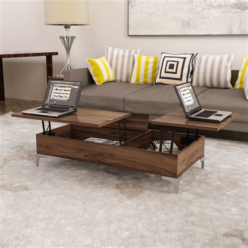 HOMEMANIA Table Basse Delinda Relevable Compacte Porte Pc, Porte-Revues - avec Étagères - pour Salon - Noyer en Bois, 121 x 60 x 30 cm