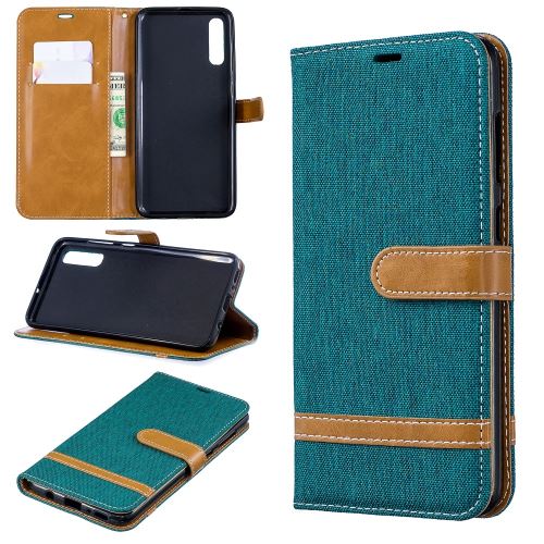 Etui en PU jean bicolore en tissu flip vert pour votre Samsung Galaxy A70
