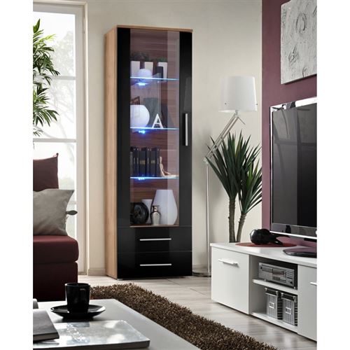 Vitrine NEO I design, coloris prunier et noir brillant, tiroirs noirs brillants + LED.