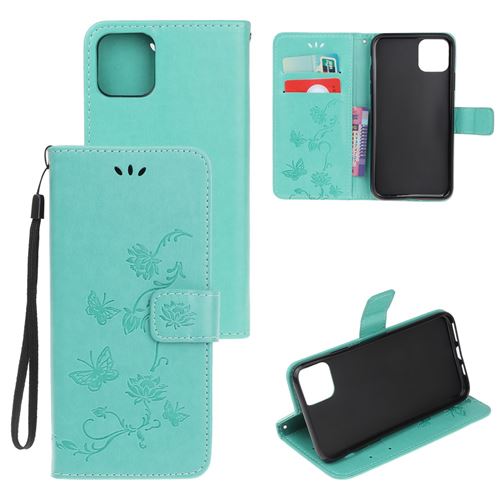 Etui en PU empreinte fleur de papillon cyan pour votre Apple iPhone 12 Pro Max 6.7 pouces