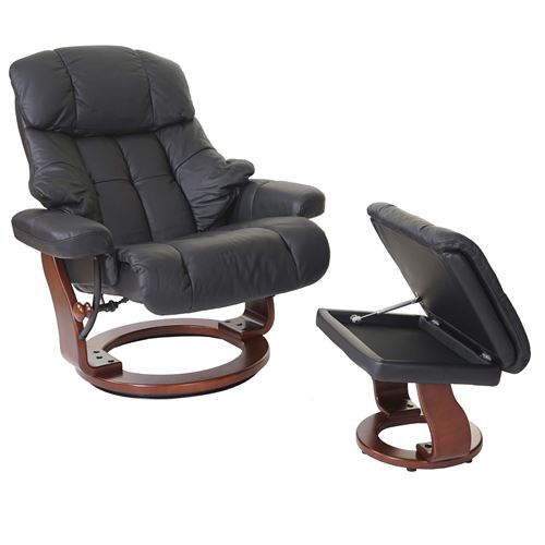 MCA fauteuil relax Calgary XXL, fauteuil de télévision avec tabouret, cuir, charge 180kg ~ noir, aspect noix